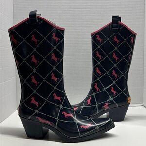 Bit & Bridle Cowboy Rubber Rain Boots Heeled Horse Western Black Pink Women's 7